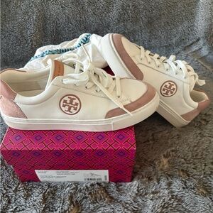 Tory Burch White and Pink Logo Sneakers
